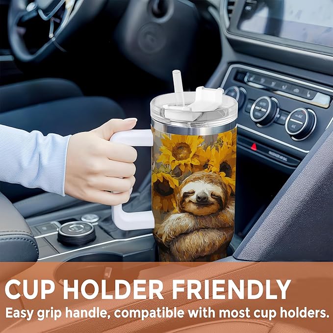 Personalized Sloth 40oz Tumbler with Handle and Straw Gifts for Women Girl, Sunflower Sloth Gifts For Animal Lovers, Birthday Christmas Gift Idea, Custom Name Stainless Steel Travel Cup