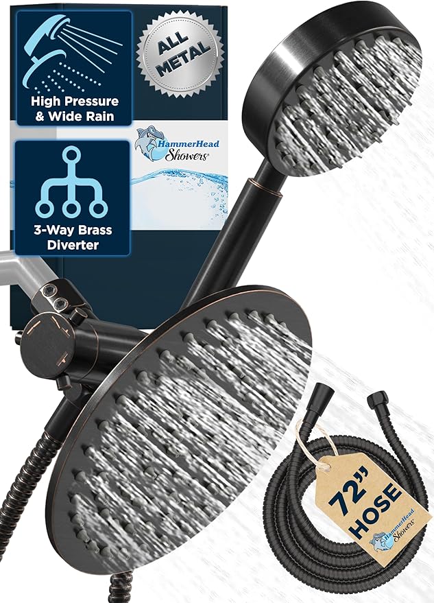 HammerHead Showers® Solid Metal Dual Shower Head Combo – OIL RUBBED BRONZE – 8 Inch Rainfall High Flow Shower Head & Handheld Shower Head High Pressure with Hose 6ft - Hotel-Like Double Shower Heads