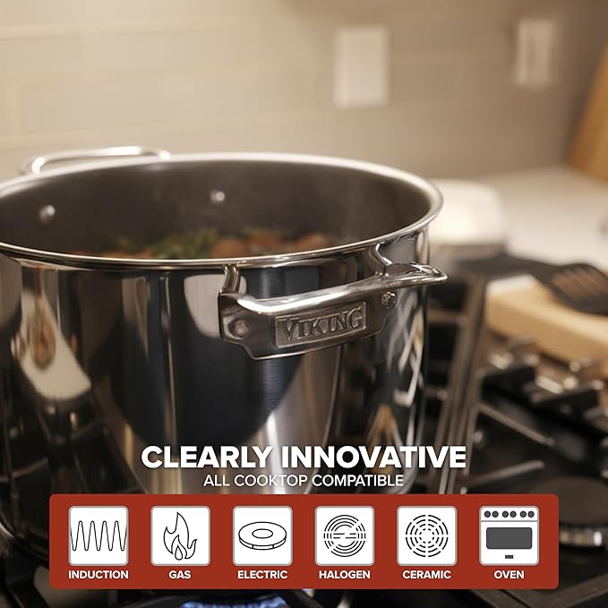 Viking PureGlide Pro 3-Ply Nonstick Stock Pot, Made without PFAS, 8-Quart Induction Soup and Pasta Cooking Pot with Lid, Metal Utensil Safe Titanium Nonstick Surface, Oven Safe to 600F