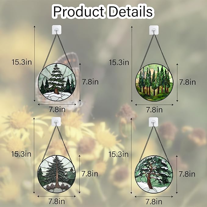 Stained Glass Window Hanging 4 Pcs Set Forest Green Trees Winter Snow 7.8" - Suncatcher Door Garden Sun Catcher Home Decor Birthday Mother's Day for Woman Nana Mom Men