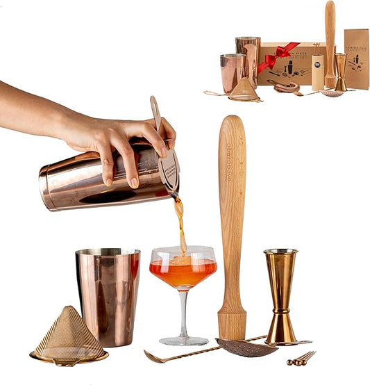 A Bar Above 14-Piece Antique Copper Bartender Kit, Premium Stainless Steel Barware Gift Set for Home Bar, Includes Shaker, Jigger, Strainers, Spoon, Picks, Professional Mixology Tools