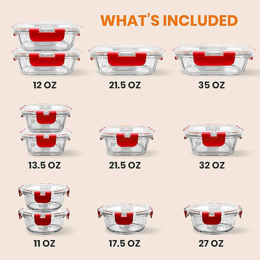 NutriChef 24-Piece Glass Food Storage Containers with Lids - 12 Stackable Heavy Duty Meal Prep Containers w/ 12 Airtight Lids - Microwave, Freezer, & Dishwasher Safe for Food, Snacks, & Fruit-(Red)