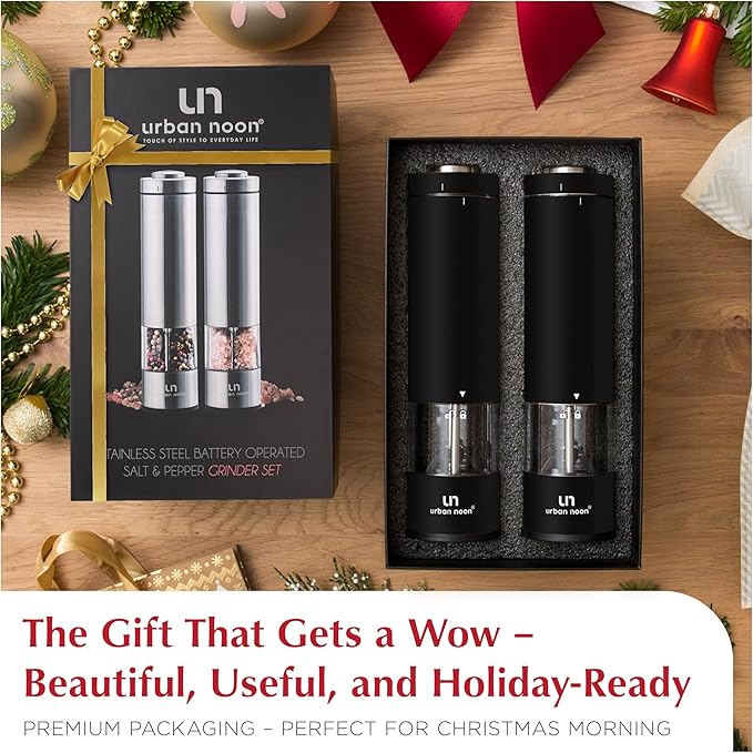 Electric Salt and Pepper Grinder Set - Battery Operated Stainless Steel Mill with Light (2 Black Mills) - Automatic One Handed Operation - Electronic Adjustable Shakers - Ceramic Grinders