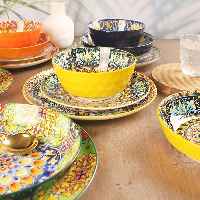 Mandala Dinnerware Sets (16 PCS) Serves for 4, Porcelain Dishes Set, Microwave and Dishwasher Safe, Scratch Resistant, Bohemian Style Dining Ware Service for 4, Colorful No.3