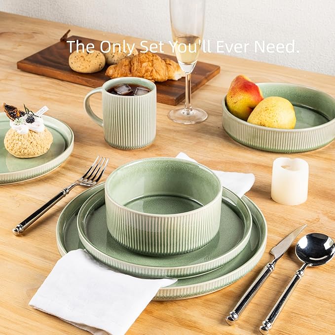 GBHOME Stoneware Dinnerware Sets for 8,Round Reactive Glaze Ceramic Plates and Bowls Set,Highly Scratch Resistant | Dishwasher & Microwave Safe Dishes Set,Service for 8(24pcs)，Olive Green