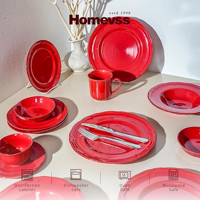 20pc Dinnerware Set, Plate and Bowl Set, Stoneware Dishes Set for 4, Microwave and Dishwahser Safe, Scratch Resistant, French Countryside Speckled Antique Red