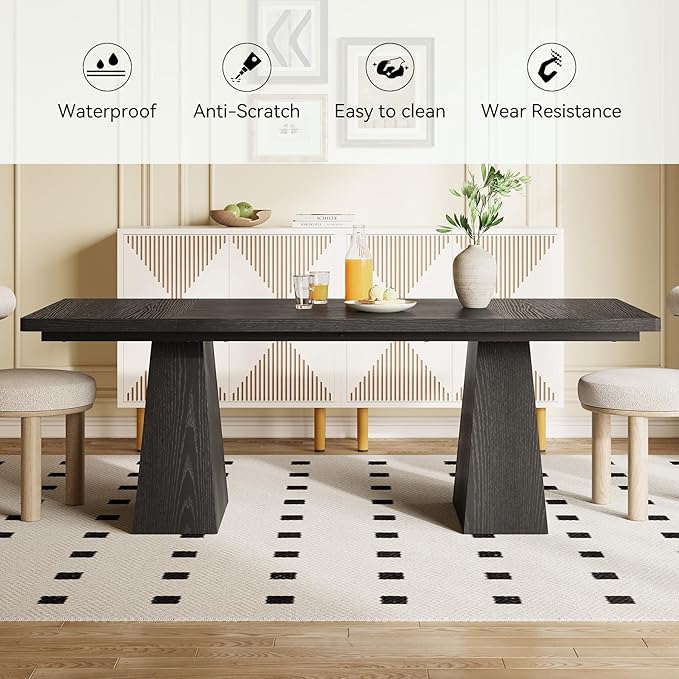 LITTLE TREE Dining Table for 4-6 People, Wooden Table, Rectangle Furniture with Heavy Duty Legs, Modern Kitchen Table for Home, Dining Room, Black