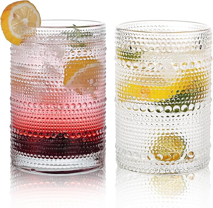 Hobnail Drinking Glasses Set,16 Oz Vintage Embossed Glass Tumbler for Cocktail, Beer, Juice, Water, Whiskey and Kitchen Glassware, 2 Pack