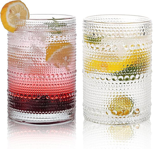 Hobnail Drinking Glasses Set,16 Oz Vintage Embossed Glass Tumbler for Cocktail, Beer, Juice, Water, Whiskey and Kitchen Glassware, 2 Pack