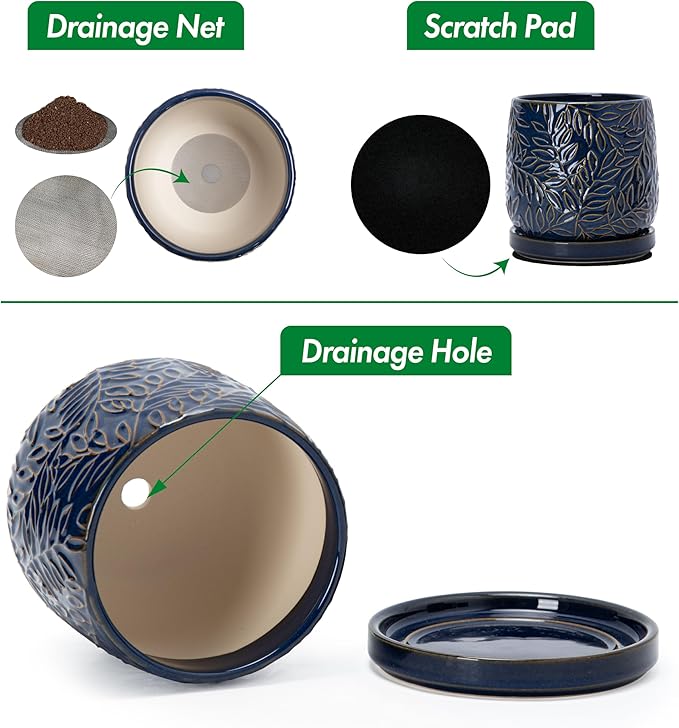 D'vine Dev 6 Inch Embossed Leaves Stoneware Planter Pot with Drainage Hole and Saucer, Midnight Blue, Set of 2, 27-F-X-3