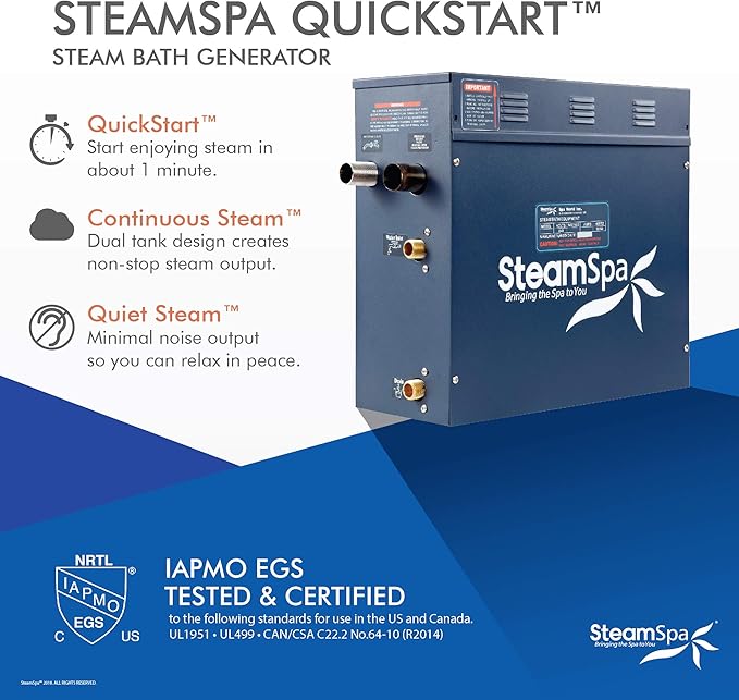 SteamSpa 6kW Steam Sauna Generator Executive Bundle 240V Steam Generator with Touch Pad, Steamheads, Pressure Relief Valve, Built-in Auto Drain, LED Light, Filter and Quick Install Kit EXT600CH-A