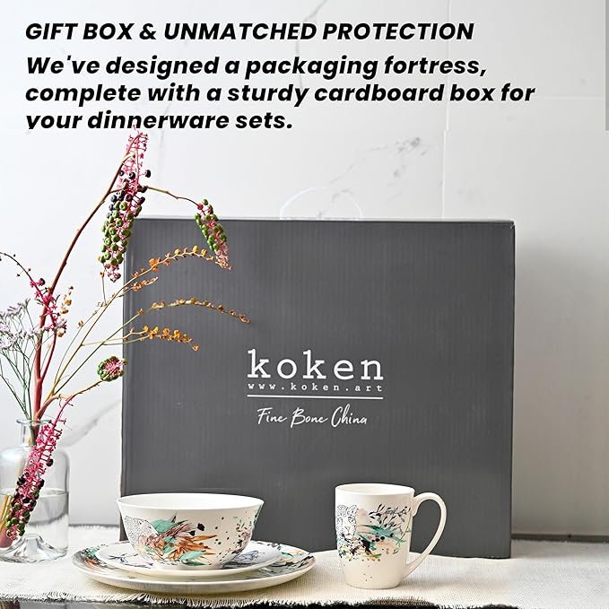Jungle Plates and Bowls Sets Dishes Set for 4, Ceramic Plates and Bowls Set, Service for 4, Bone China Dinnerware Set Salad Dessert Plates, and Cereal Bowls Set, Microwave safe by KOKEN