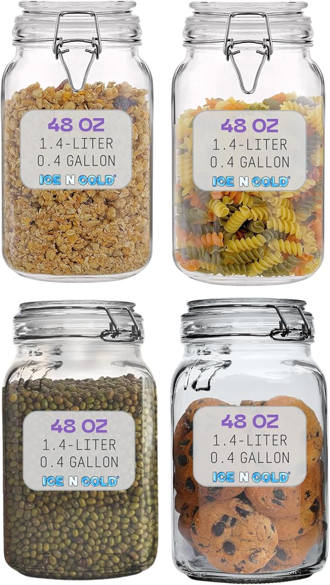 Airtight Glass Storage Jars with Clamp Lid – Food Storage Containers with Rubber Gasket Seal – Pantry & Kitchen Canisters for Dry Goods, Coffee, Sugar, Pasta – 0.4L to 2.2L Sizes (4, 25oz | 0.75L)