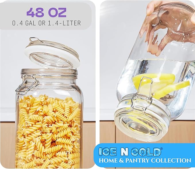 Airtight Glass Storage Jars with Clamp Lid – Food Storage Containers with Rubber Gasket Seal – Pantry & Kitchen Canisters for Dry Goods, Coffee, Sugar, Pasta – 0.4L to 2.2L Sizes (4, 48oz | 1.4L)