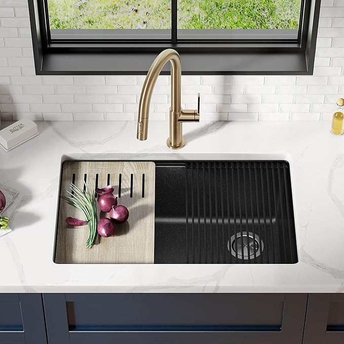 KRAUS Bellucci 30” in. Undermount Workstation Granite Kitchen Sink in Metallic Black with Accessories, KGUW2-30MBL