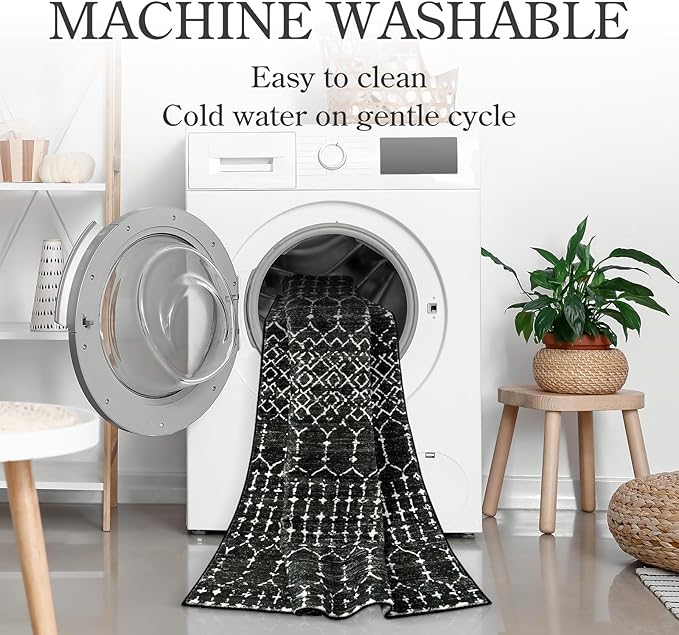 Lahome Moroccan Black Long Runner - Washable Hallway Rug, Ultra-Thin Non Slip Kitchen Runner, Soft Modern Print Indoor Floor Carpet for Entryway Stair (Black, 2'5''x12'')