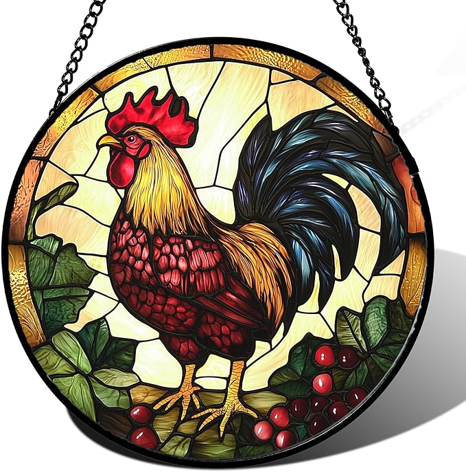 Stained Glass Window Hanging, Colorful Big Cock Sun Catcher for Window Door Home Decor, Chicken Suncatcher Christmas Mother's Day Birthday Gifts for Women Men Mom and Nana 11.8 in