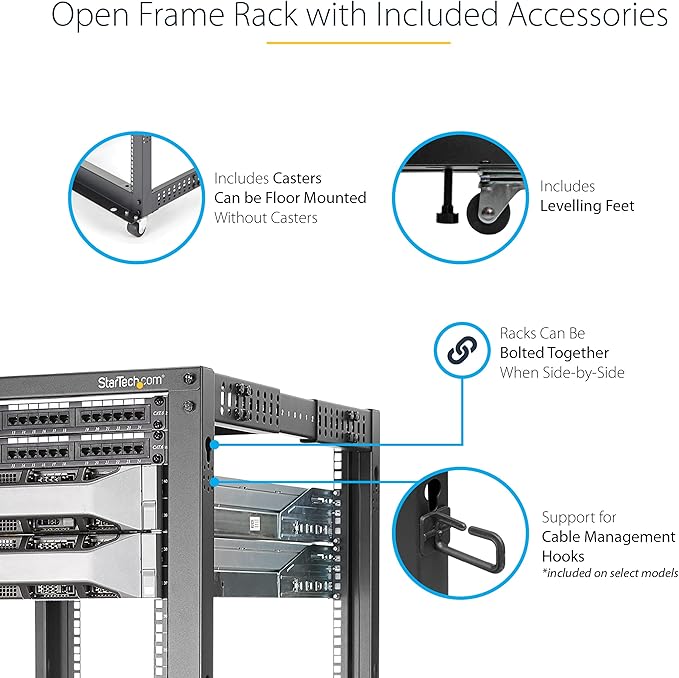 StarTech.com 4-Post 18U Mobile Open Frame Server Rack, 19in Network Rack with Wheels, Rolling Rack for Computer/AV/Data/IT Equipment - Casters, Leveling Feet or Floor Mounting (4POSTRACK18U)