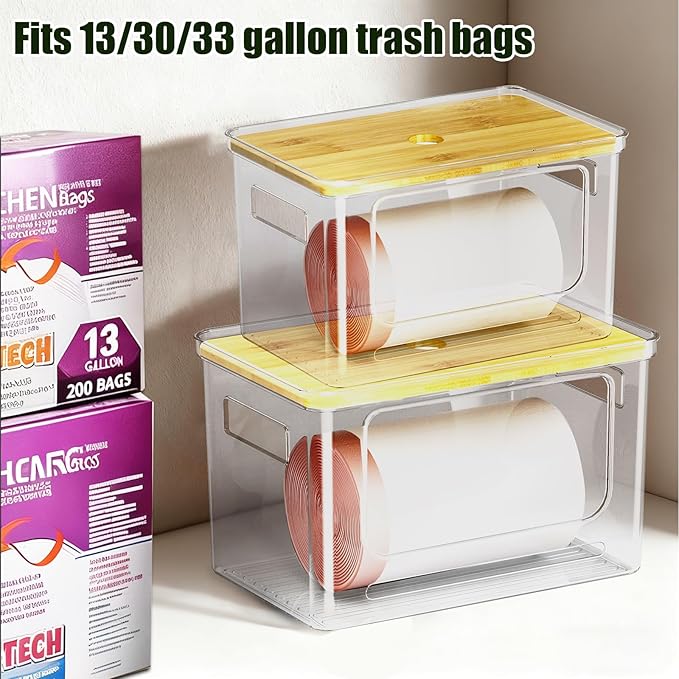 2 PACK Trash Bag Holder With Bamboo Top,Trash Bag Dispenser Roll Holder for Kitchen Pantry Cabinet Counter Under Sink Laundry Room Organizers