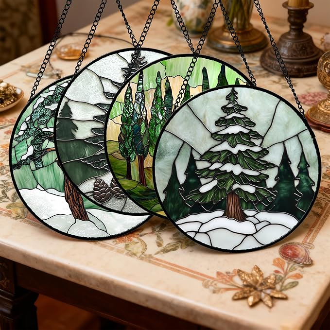 Stained Glass Window Hanging 4 Pcs Set Forest Green Trees Winter Snow 6.3" - Suncatcher Door Garden Sun Catcher Home Decor Birthday Mother's Day for Woman Nana Mom Men