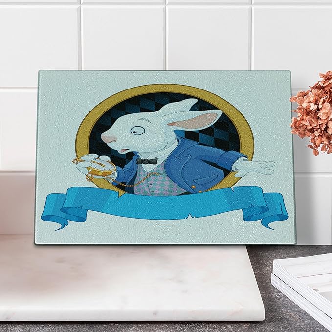 Ambesonne Alice in Wonderland Cutting Board, Rabbit Animal Bunny Character Alice Fantasy World Concept, Decorative Tempered Glass Cutting and Serving Board, Small Size, Earth Yellow White Blue