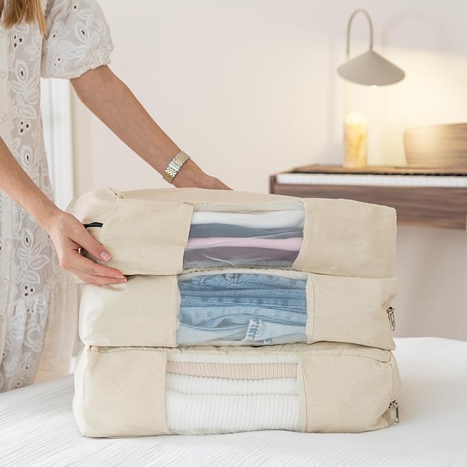 Cotton Sweaters and Sweatshirts Storage Bags - Zipper Closure, 100% Canvas Sturdy Cotton, Washable, Reusable, Breathable and Air-Tight Garment, Wedding Dress, Sarees Storage Bags (3 Bags)