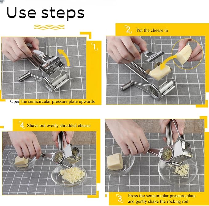 Manual Rotary Cheese Grater, 304 Stainless Steel Rotary Cheese Grater, Hand-Crank Cheese Shredder for Parmesan, Cheddar, Chocolate, Nuts & Vegetables, Manual Cheese Grinder