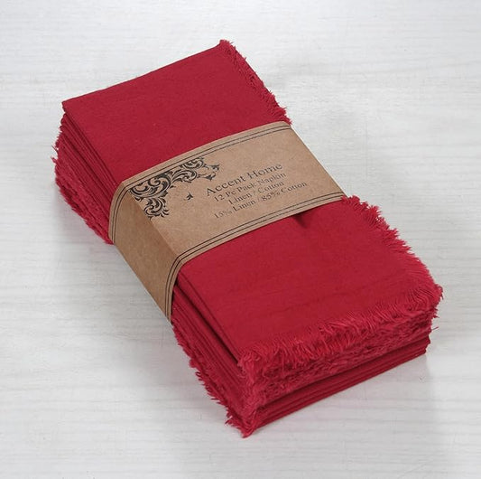 ACCENTHOME Red Cotton Linen Napkin Set of 12 18x18 inch Dinner Napkins - Washable Soft Premium Hotel Quality Reusable Hemmed Edges Napkins Perfect Table Linens for Family Dinners, Weddings