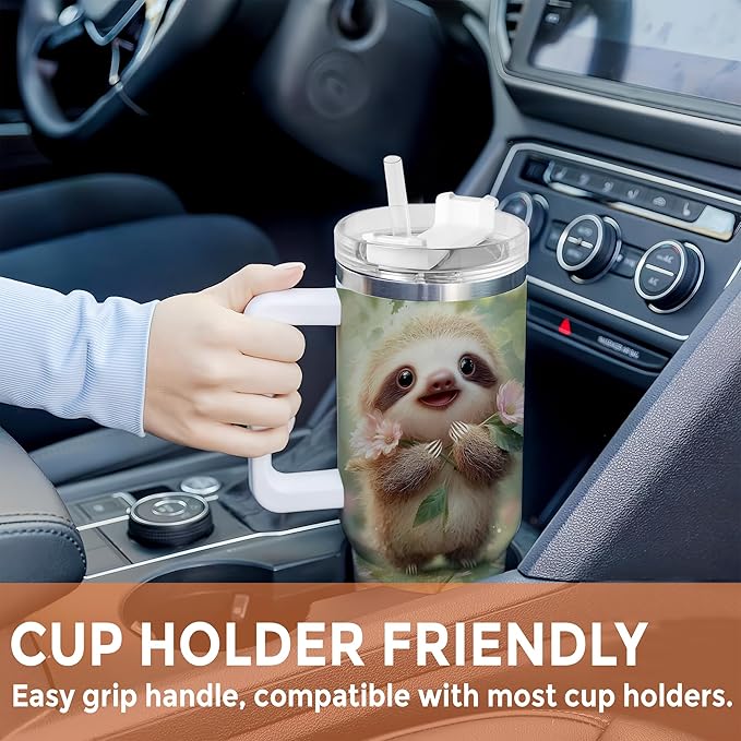 Personalized Sloth 40oz Tumbler with Handle and Straw Gifts for Sloth Lovers, Ideal Animal Lover Gifts For Women Girl, Unique Birthday Christmas Gift, Custom Name Stainless Steel Travel Cup