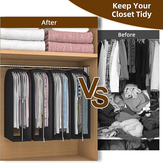 Black Garment Bags for Hanging Clothes 4 Packs, 10“ Gusseted and 32" Clothes Protectors for Hanging Clothes for Closet, Shirts, Coats, Dresses
