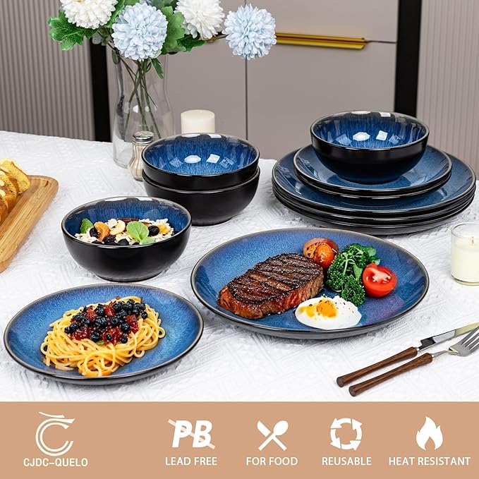 Plates and Bowls Sets for 8 - CJDC-QUELO 32-Piece Stoneware Dinnerware Sets, Ceramic Dishware Set for Indoor Kitchen Use and Formal Dining, Chip and Scratch Resistant Microwave Dishwasher Safe, Blue