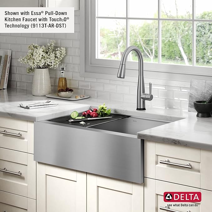 DELTA FAUCET Rivet 30-inch Workstation Farmhouse Apron Front Kitchen Sink Undermount 16 Gauge Stainless Steel Single Bowl with WorkFlow Ledge and Kit of 5 Accessories, 95C9031-30S-SS