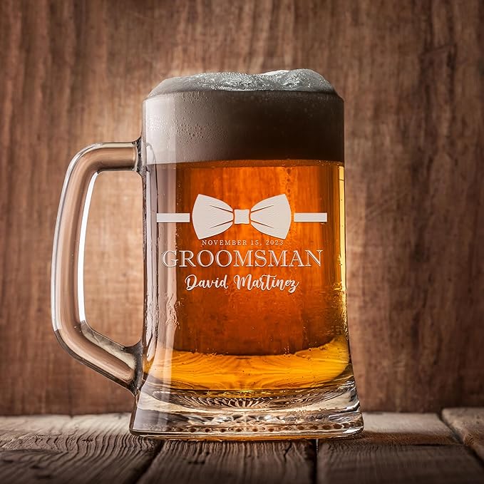 Groomsmen Gifts - Personalized Beer Mugs - Groomsmen Proposal Gift Idea - Customized Gift for Groom, Best Man, Groomsman - Custom Engraved Beer Mugs for Grooms Men - Groomsmen Beer Glasses (Design C)
