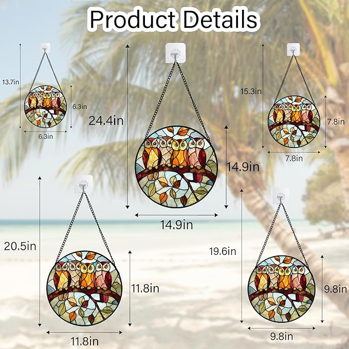 Stained Glass Window Hanging, 4 Owls on a Branch Sun Catcher for Door Home Decor White Brown Bird Suncatcher Christmas Mother's Day Birthday Gifts for Women Men Mom and Nana 7.8 in