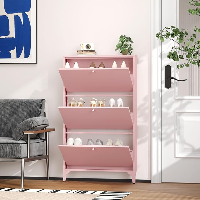 Shoe Cabinet with 3 Flip Drawers, Narrow Shoe Storage Cabinet, Farmhouse Shoe Organizer, Freestanding Organizer with Metal Legs for Entryway, Foyer (3 Door, Pink)