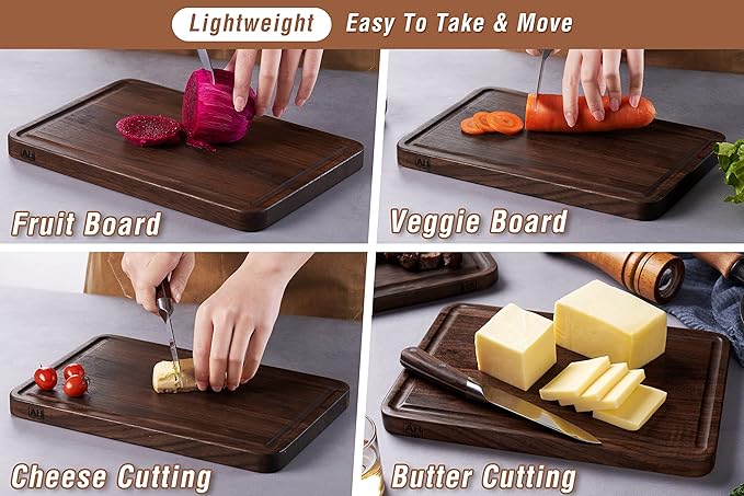AZRHOM Walnut Wood Cutting Board, 12x8in Small Wooden Chopping Boards with Deep Juice Groove and Side Handle, Thick Butcher Block for Kitchen Meat Cheese Gift for Wife Mom Gift Box