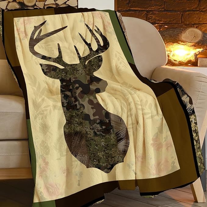 Deer Blanket Camo Hunting Throw Blanket Cozy Plush Dad Elk Fleece Flannel Ultra Soft Blankets Lightweight Fuzzy Warm Gifts for Adults Men 60"X50"