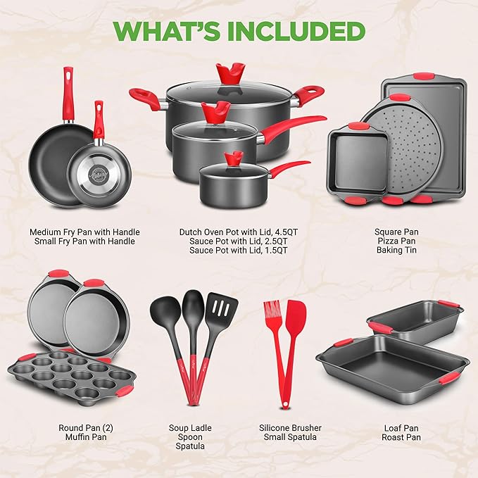 NutriChef Non-Stick Cookware 21-Piece Set, Includes Pots & Pans, Bakeware, & Cooking Utensils w/ Silicone Handles - Complete Set for Gas, Electric, & Ceramic Cooktops - PTFE/PFOA/PFOS Free, Black