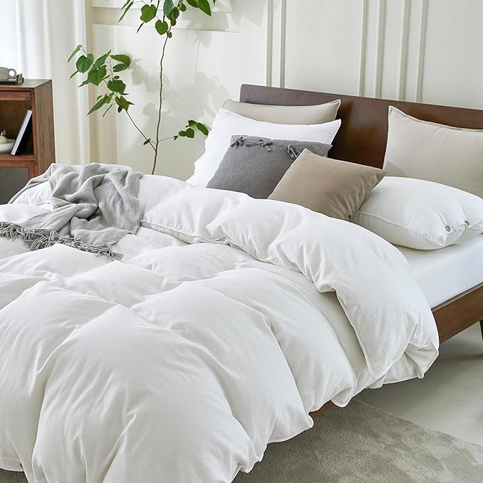 EVERLY 100% Pure Linen Duvet Cover Set Twin Size 68X90Inch 2pcs (1 Duvet Cover,1Pillowcases) Soft and Breathable for All Season with Coconut Button Closure, Suitable for Hot Sleepers-White-Twin