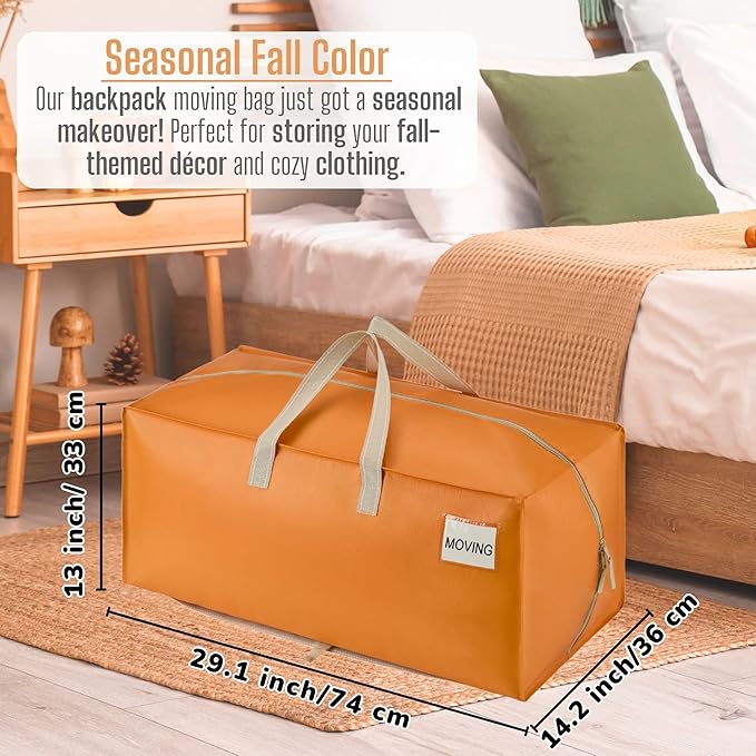 VENO 10 Pack Moving Bags w/Backpack Straps, Heavy Duty, Moving Boxes Alternative, Packing Supplies, Large Storage Totes for Dorm Room Essentials with Zipper (Seasonal Autumn Orange, 10 Pack)