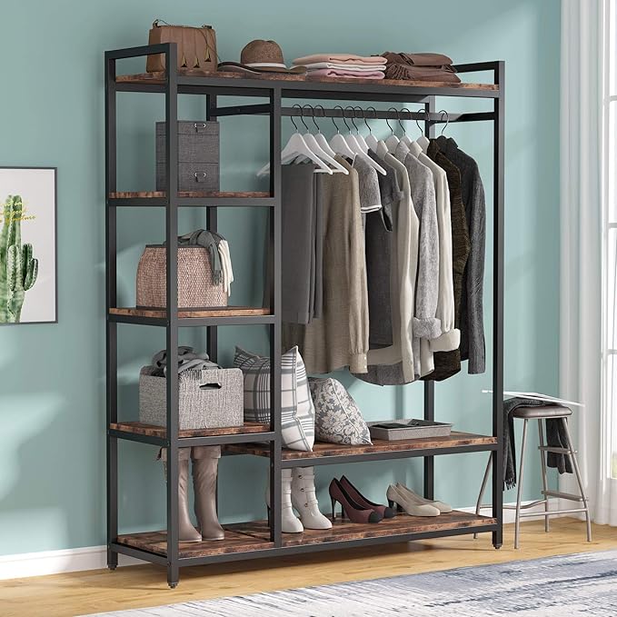 Tribesigns Free-standing Closet Organizer with 6 Storage Shelves and Hanging Bar, Large Standing Clothes Garment Rack（Vintage）