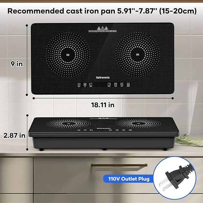 1800W Portable Double Induction Cooktop – 2 Burner Countertop Electric Stove with Touch Control, Dot Pattern Panel, 8 Power Levels, Timer, Safety Lock, Compatible with Magnetic Cookware