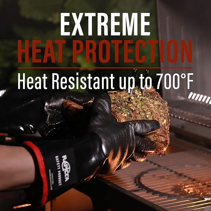 RAPICCA 700°F Heat Resistant BBQ Grill Gloves: Oil Resistant Waterproof for Smoking Grilling Cooking Barbecue Deep Frying Turkey Rotisserie Handling Hot Greacy Meat Grilling Stocking Stuffers for Men