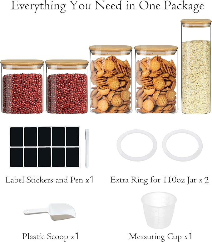 Glass Storage Containers with Airtight Bamboo Lids Muti Size Set of 5,Pantry Food Glass Jar with Lid,Perfect for Kitchen Organization-Nuts,Flour, Rice, Pasta, Sugar, Coffee Beans, Accessories Included