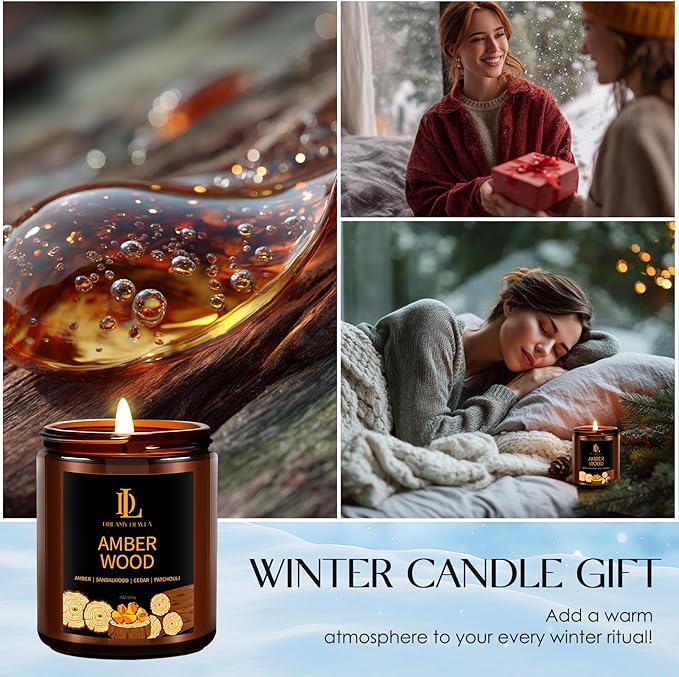 Winter Candle Amber Wood Scented, Natural Soy Candles for Home Scented, 7oz Holiday Candle with 50hr Burn Time, Aromatherapy Candles Winter Holiday Gifts for Women Men