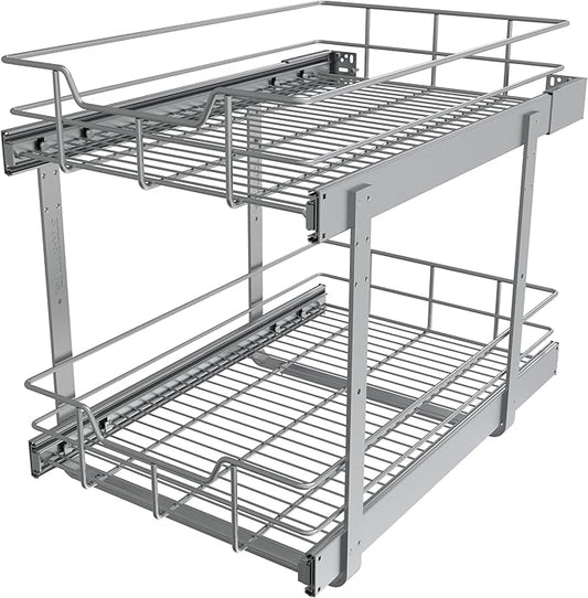 2 Tier Pull Out Cabinet Organizer 15" W X 22" D, Slide Out Drawers For Kitchen Cabinets, Pull Out Drawers For Cabinets Capacity Heavy Duty Caddy, Cabinet Pullout Shelves Chrome-Plated,Bathroom Pantry