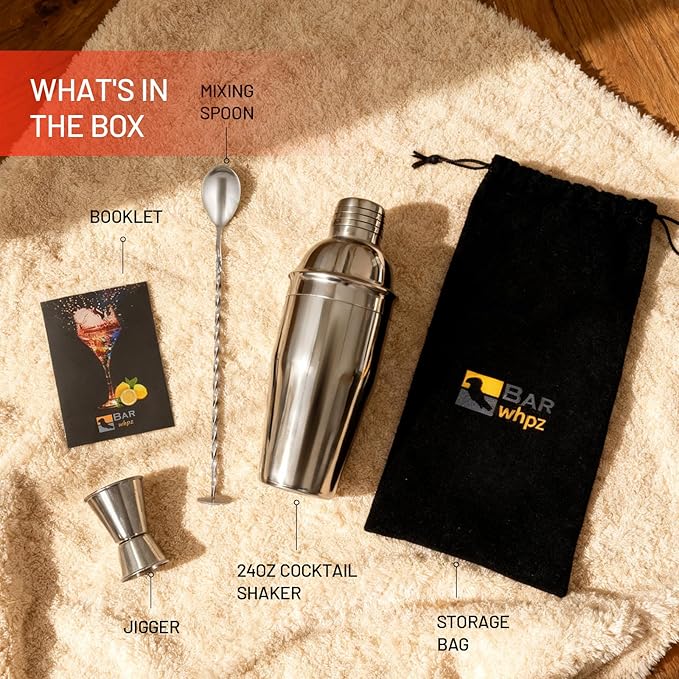 Cocktail Shaker Set, 24oz Stainless Steel Bartender Kit with Measuring Jigger & Mixing Spoon,Cocktail Recipe,Professional Martini Shaker for Home Bar, Drink Mixer Set for Beginner & Bartender Gift