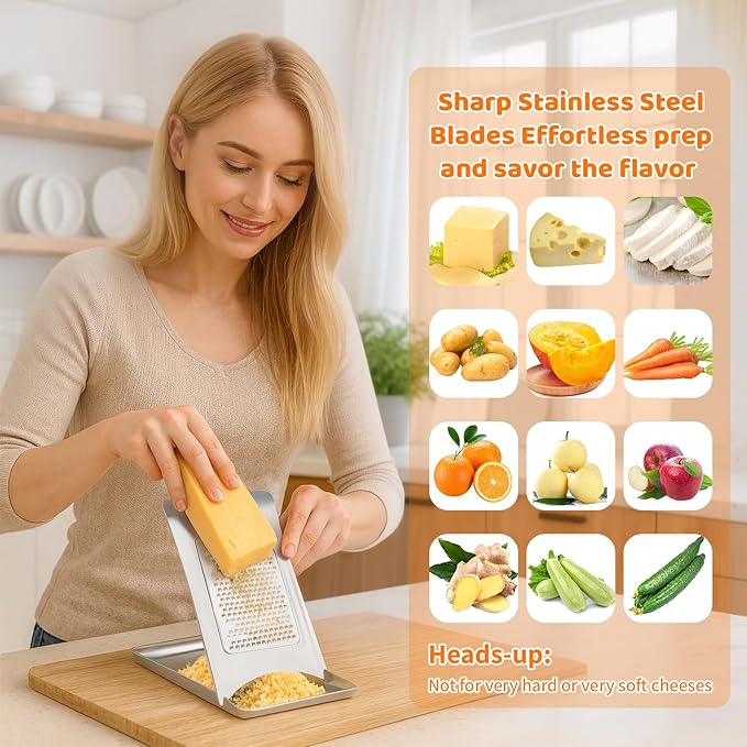 3-in-1 Handheld Cheese Grater Set for kitchen - Adjustable Slicer, Grater and Shredder with Tray - 430 Stainless Steel for Cheese, Butter, Vegetables, Chocolate, Dishwasher Safe