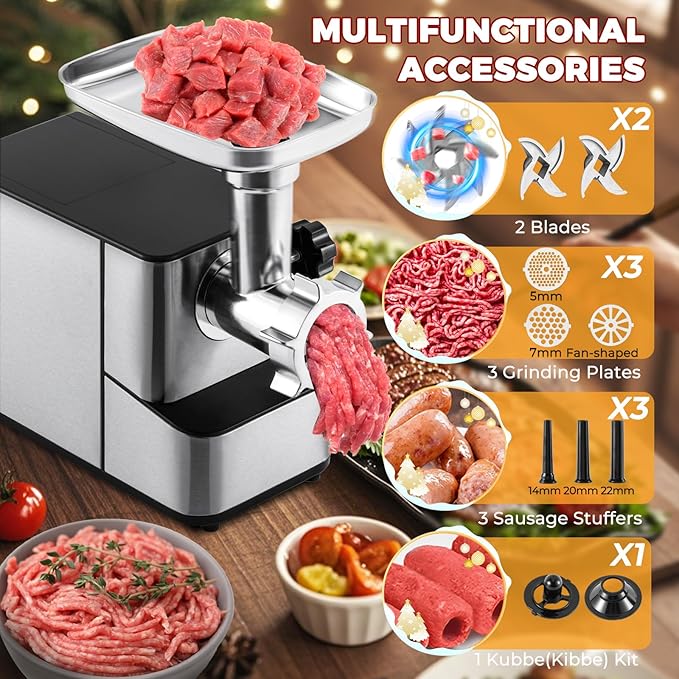 Meat Grinder Electric 3200w High Capacity Commercial Heavy Duty Meat Grinder and Sausage Stuffers, Kubbe Kit for Household Use & Commercial