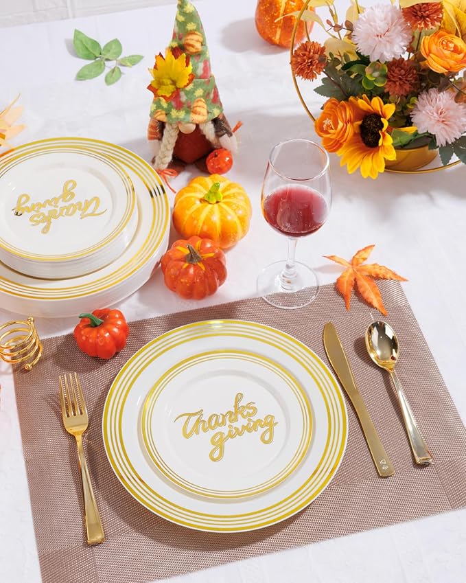 Supernal 60pcsThanksgiving Plastic Plates Disposable Heavy duty,Fancy Disposable Plates,Ivory Plastic Plates with Gold Trim Include 30 Dessert&Dinner Plato for Fall,Party and thanksgiving dinner